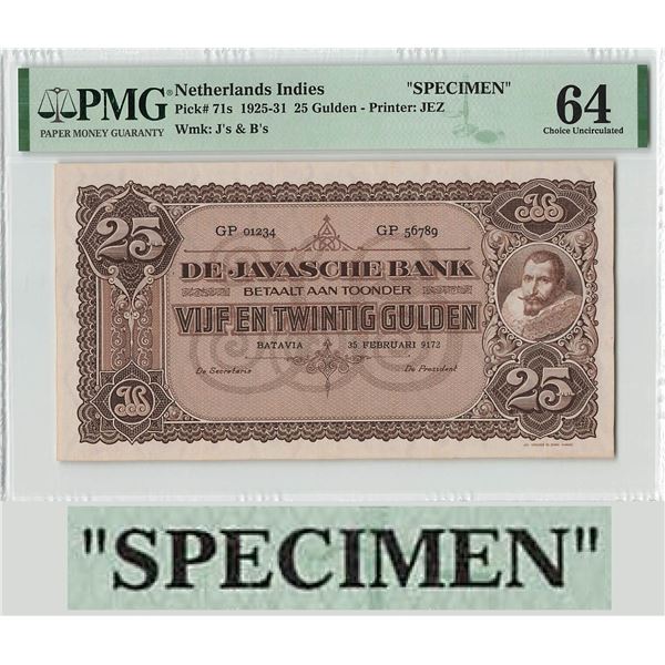 Netherlands Indies 25 Gulden 1925 Specimen J.P Coen Pick 71s PMG Choice Uncirculated 64