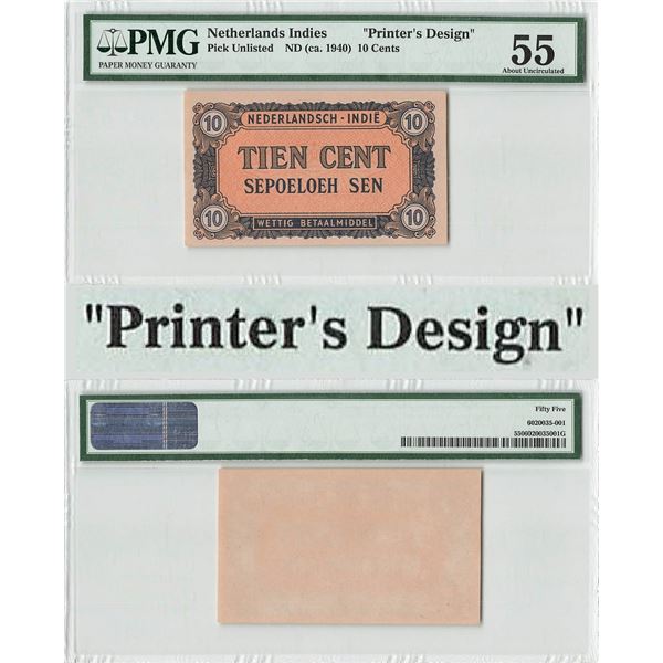 Netherlands Indies 10 Cent 1940 Printer's Design PMG About Uncirculated 55
