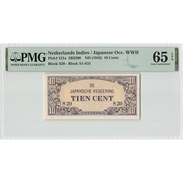 Netherlands Indies 10 Cent 1942 Pick 121a PMG Gem Uncirculated 65 EPQ