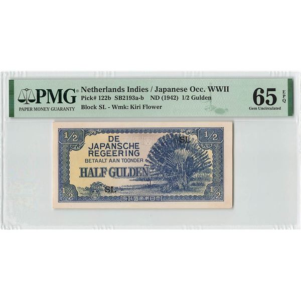 Netherlands Indies ½ Gulden 1942 Pick 122b PMG Gem UNC 65 EPQ