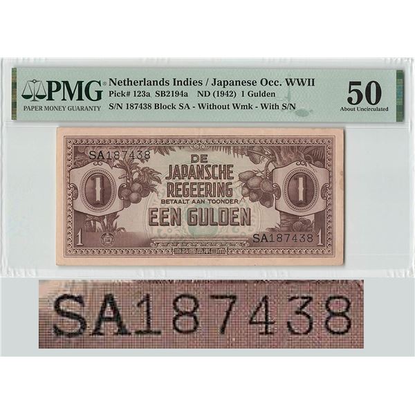 Netherlands Indies 1 Gulden 1942 SA187438 Pick 123a PMG About Uncirculated 50