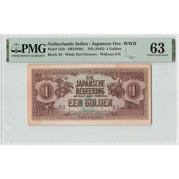 Netherlands Indies 1 Gulden 1942 Pick 123c PMG Choice Uncirculated 63