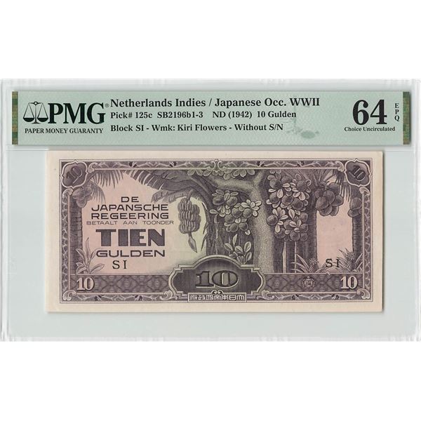 Netherlands Indies 10 Gulden 1942 Pick 125c PMG Choice UNC 64 EPQ
