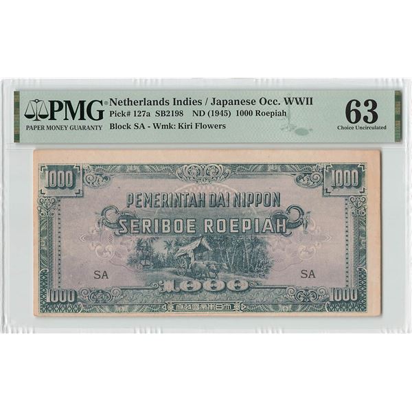 Netherlands Indies 1000 Roepiah 1945 Pick 127a PMG Choice UNC 63