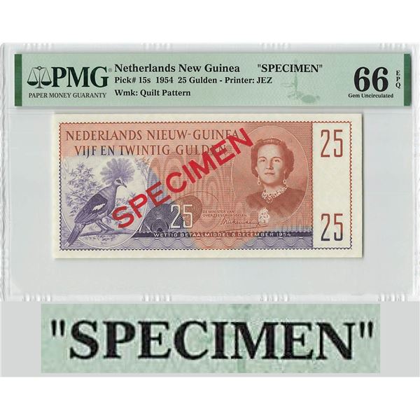 Netherlands New Guinea 25 Gulden 1954 Specimen Pick 15s PMG Gem UNC 66 EPQ