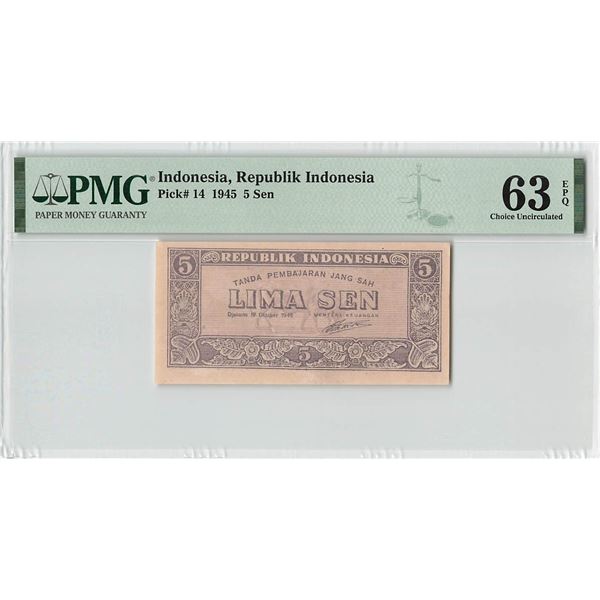 Indonesia 5 Sen 1945 Pick 14 PMG Choice Uncirculated 63 EPQ