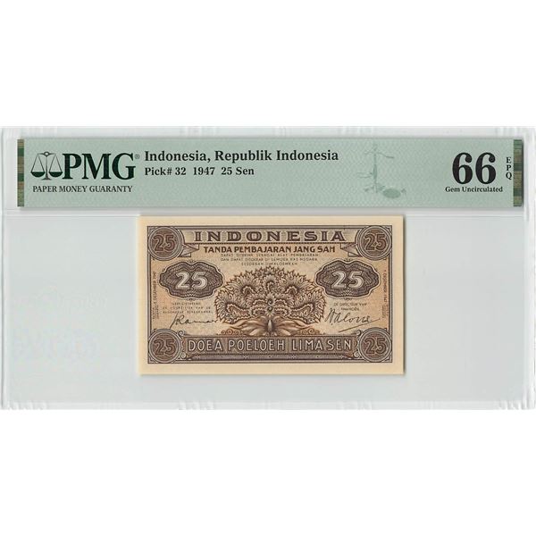Indonesia 25 Sen 1947 Pick 32 PMG Gem Uncirculated 66 EPQ