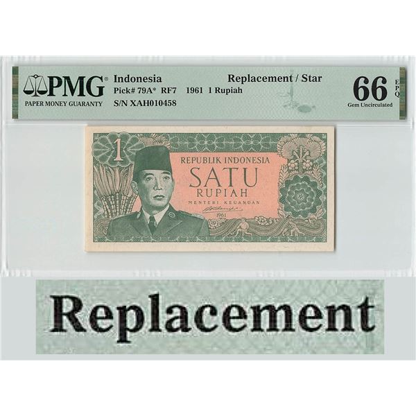 Indonesia 1 Rupiah 1961 Pick 79A Replacement PMG Gem Uncirculated 66 EPQ