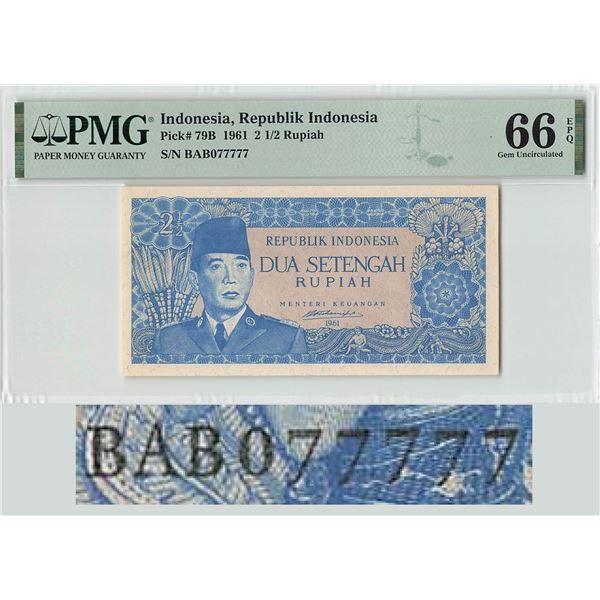 Indonesia 2½ Rupiah 1961 Pick 79B Fancy Serial 077777 PMG Gem Uncirculated 66 EPQ