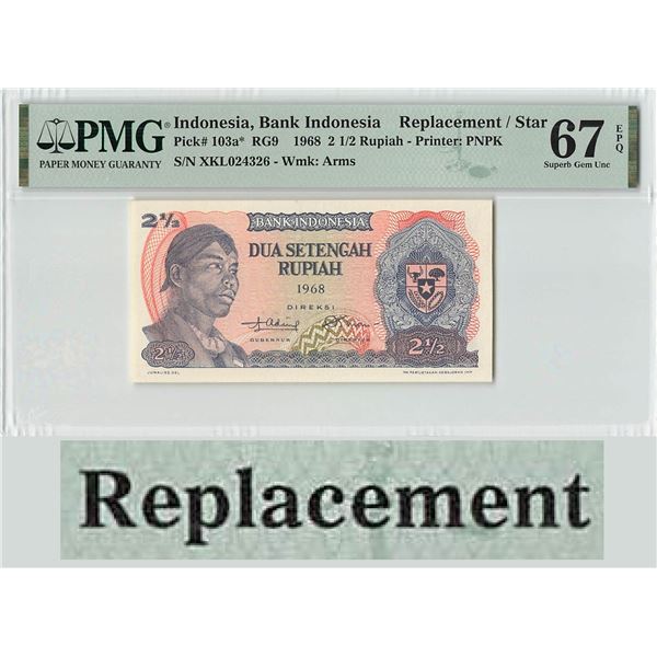 Indonesia 2½ Rupiah 1968 Replacement Pick 103 PMG Superb Gem Uncirculated 67 EPQ