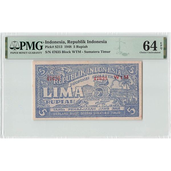 Indonesia 5 Rupiah 1948 Pick S213 PMG Choice Uncirculated 64 EPQ