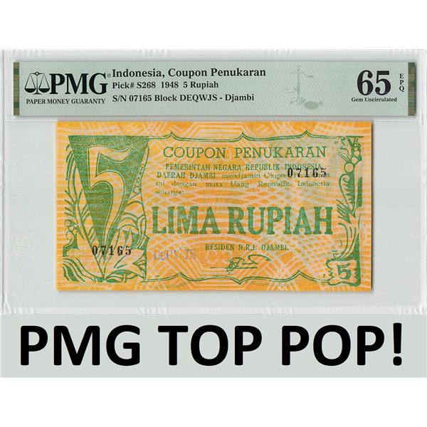 Indonesia 5 Rupiah 1948 Pick S268 PMG Gem Uncirculated 65 EPQ TOP POP