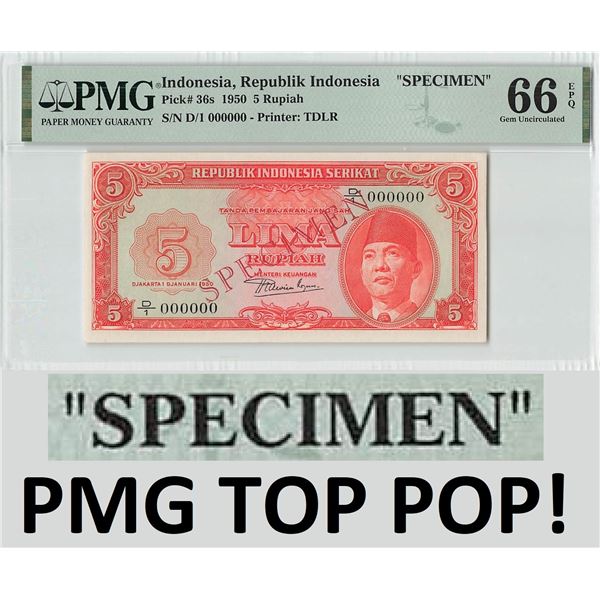 Indonesia 5 Rupiah 1950 Specimen Pick 36s PMG Gem Uncirculated 66 EPQ TOP POP