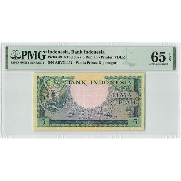 Indonesia 5 Rupiah 1957 Pick 49 PMG Gem Uncirculated 65 EPQ