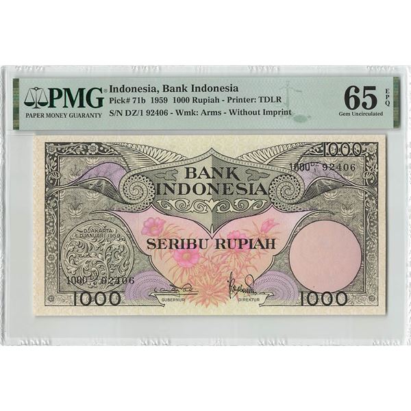 Indonesia 1000 Rupiah 1959 TDLR Pick 71b PMG Gem Uncirculated 65 EPQ