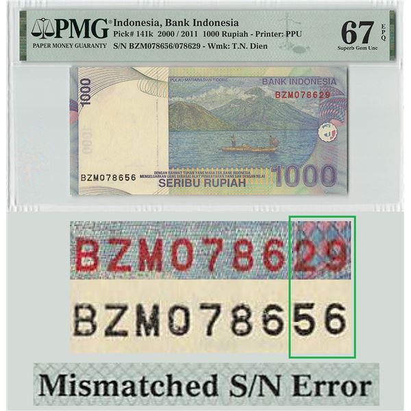 Indonesia 1000 Rupiah 2000 / 2011 Mismatched S/N Error Pick 141k PMG Superb Gem UNC 67 EPQ