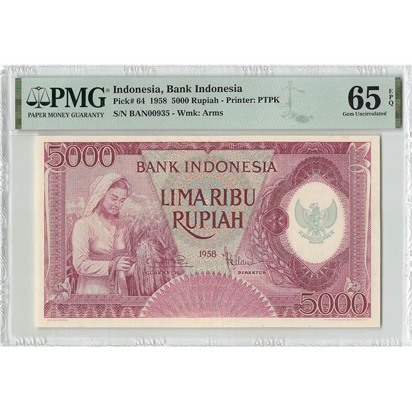 Indonesia 5000 Rupiah 1958 Pick 64 PMG Gem Uncirculated 65 EPQ