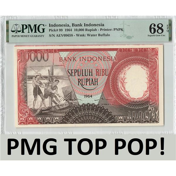 Indonesia 10000 Rupiah 1964 Pick 99 PMG Superb Gem Uncirculated 68 EPQ TOP POP