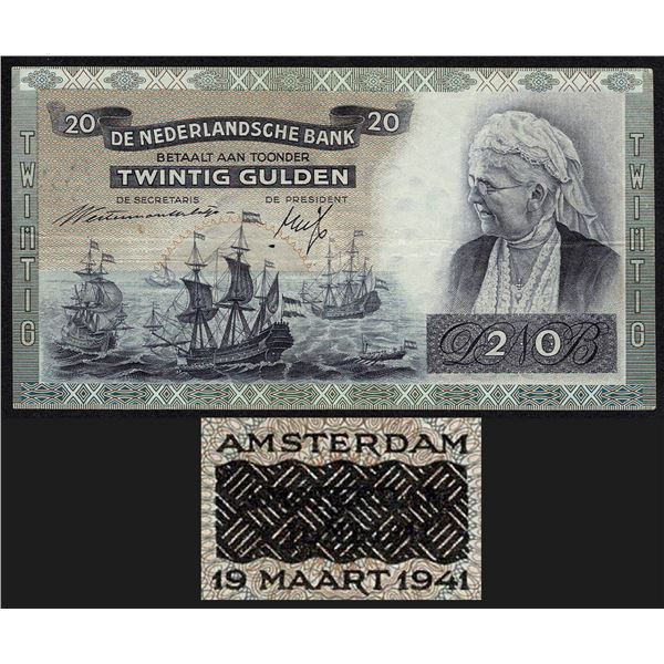 Netherlands 20 Gulden 1941 Overprint Queen Emma Pick 55