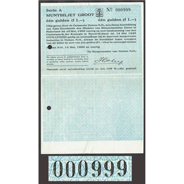 Netherlands 1 Gulden 1940 Huizen Noord-Holland Noodgeld ZF/PR - VF/XF Emergency Money Serial number 