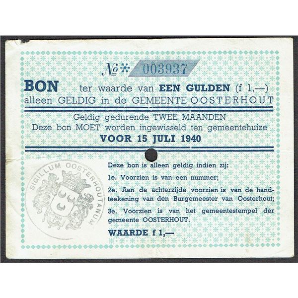 Netherlands 1 Gulden 1940 Oosterhout Noord-Brabant Noodgeld Emergency Money PL741.1 (collection A.M.