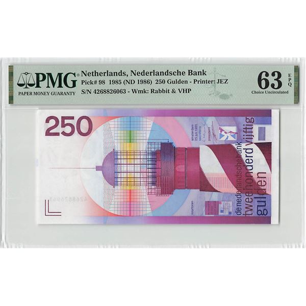 Netherlands 250 Gulden 1985 Lighthouse Pick 98 PMG Choice Uncirculated ...