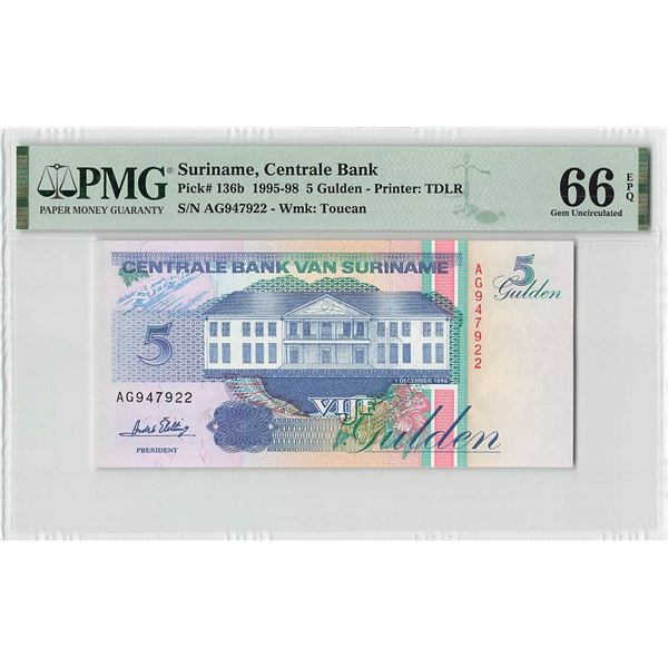 Suriname 5 Gulden 1996 TDLR Pick 136b PMG Gem Uncirculated 66 EPQ