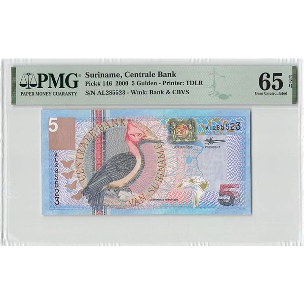 Suriname 5 Gulden 2000 TDLR Pick 146 PMG Gem Uncirculated 65 EPQ