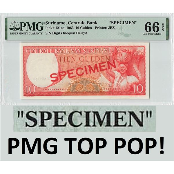 Suriname 10 Gulden 1963 Specimen JEZ Pick 121as PMG Gem Uncirculated 66 EPQ