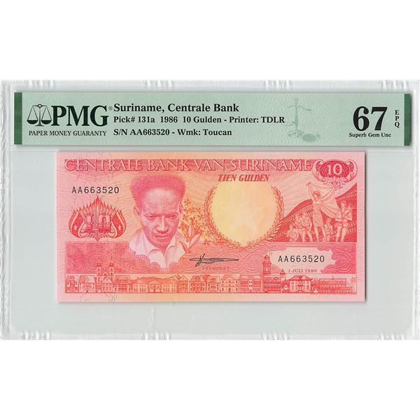 Suriname 10 Gulden 1986 TDLR Pick 131a PMG Superb Gem Uncirculated 67 EPQ