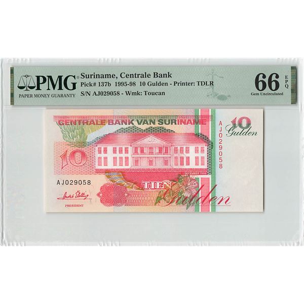 Suriname 10 Gulden 1996 TDLR Pick 137b PMG Gem Uncirculated 66 EPQ