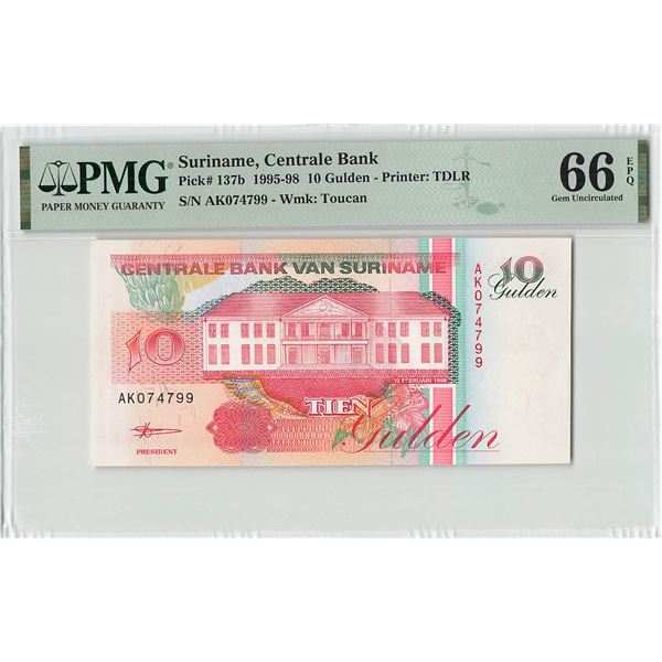 Suriname 10 Gulden 1998 TDLR Pick 137b PMG Gem Uncirculated 66 EPQ