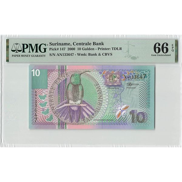 Suriname 10 Gulden 2000 TDLR Pick 147 PMG Gem Uncirculated 66 EPQ