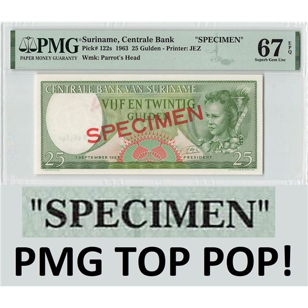 Suriname 25 Gulden 1963 Specimen JEZ Pick 122s PMG Gem Uncirculated 67 EPQ TOP POP!