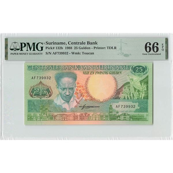 Suriname 25 Gulden 1988 TDLR Pick 132b PMG Gem Uncirculated 66 EPQ