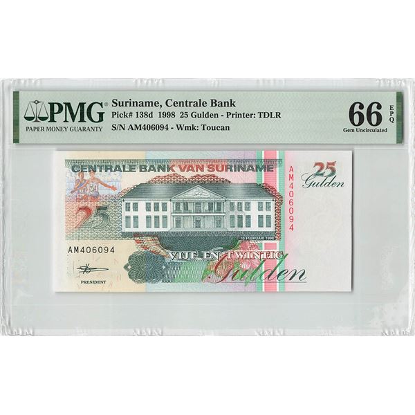 Suriname 25 Gulden 1998 TDLR Pick 138d PMG Gem Uncirculated 66 EPQ