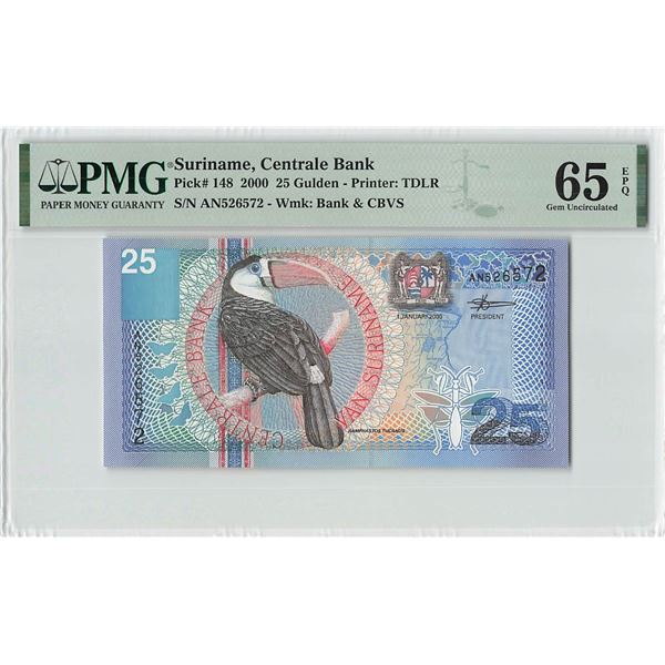 Suriname 25 Gulden 2000 TDLR Pick 148 PMG Gem Uncirculated 65 EPQ