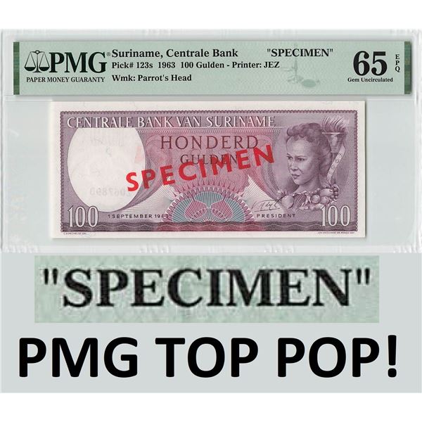 Suriname 100 Gulden 1963 Specimen JEZ Pick 123s PMG Gem Uncirculated 65 EPQ