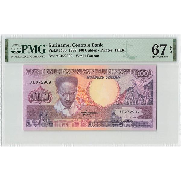 Suriname 100 Gulden 1988 TDLR Pick 133b PMG Superb Gem Uncirculated 67 EPQ