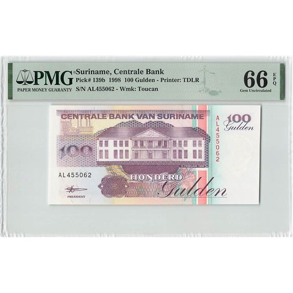 Suriname 100 Gulden 1998 TDLR Pick 139b PMG Gem Uncirculated 66 EPQ