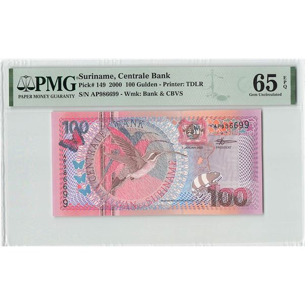 Suriname 100 Gulden 2000 TDLR Pick 149 PMG Gem Uncirculated 65 EPQ