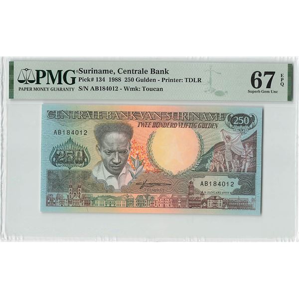 Suriname 250 Gulden 1988 TDLR Pick 134 PMG Superb Gem Uncirculated 67 EPQ