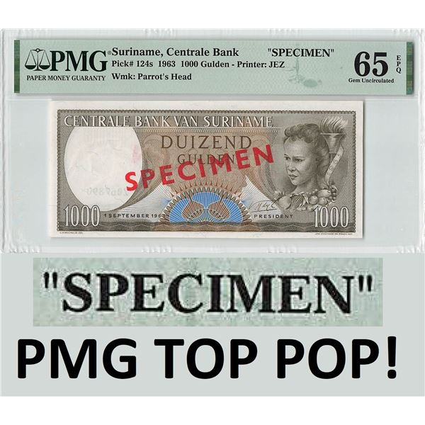 Suriname 1000 Gulden 1963 Specimen JEZ Pick 124s PMG Gem Uncirculated 65 EPQ TOP POP