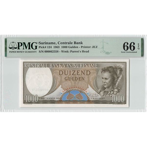 Suriname 1000 Gulden 1963 JEZ Pick 124 PMG Gem Uncirculated 66 EPQ