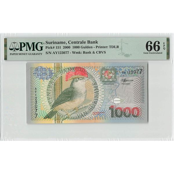 Suriname 1000 Gulden 2000 TDLR Pick 151 PMG Gem Uncirculated 66 EPQ