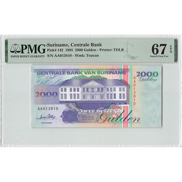 Suriname 2000 Gulden 1995 TDLR Pick 142 PMG Superb Gem Uncirculated 67 EPQ