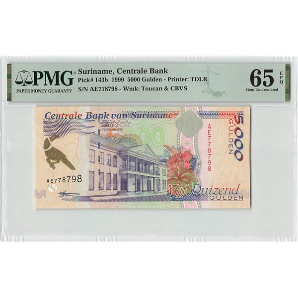 Suriname 5000 Gulden 1999 TDLR Pick 143b PMG Gem Uncirculated 65 EPQ