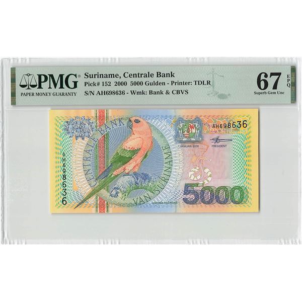 Suriname 5000 Gulden 2000 TDLR Pick 152 PMG Superb Gem Uncirculated 67 EPQ