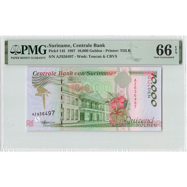 Suriname 10000 Gulden 1997 Pick 145 PMG Gem Uncirculated 66 EPQ