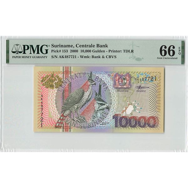 Suriname 10000 Gulden 2000 TDLR Pick 153 PMG Gem Uncirculated 66 EPQ